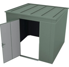 Grünes Gartenhaus aus Metall mit Pultdach und einer geöffneten Tür.