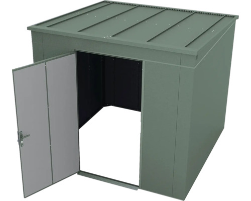 Grünes Gartenhaus aus Metall mit Pultdach und einer geöffneten Tür.
