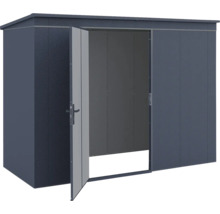 Modernes Gerätehaus aus Metall mit Pultdach und einer geöffneten Tür in Anthrazit.