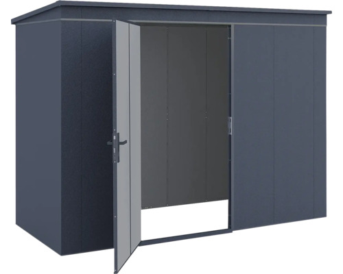 Modernes Gerätehaus aus Metall mit Pultdach und einer geöffneten Tür in Anthrazit.