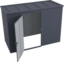 Modernes anthrazitfarbenes Gerätehaus aus Metall mit Pultdach und geöffneter Tür.