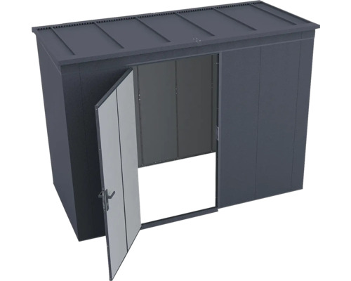 Modernes anthrazitfarbenes Gerätehaus aus Metall mit Pultdach und geöffneter Tür.
