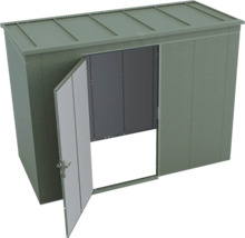 Gerätehaus aus Metall in Grün mit Pultdach und einer geöffneten Tür.