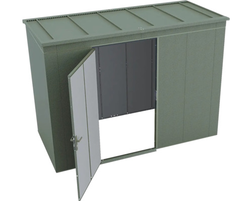 Gerätehaus aus Metall in Grün mit Pultdach und einer geöffneten Tür.