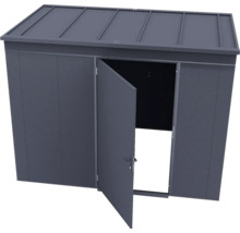 Anthrazitfarbener Geräteschuppen aus Metall mit Pultdach und einer geöffneten Tür.