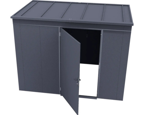 Anthrazitfarbener Geräteschuppen aus Metall mit Pultdach und einer geöffneten Tür.