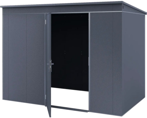 Moderner Metall-Geräteschuppen mit Pultdach und einer geöffneten Einzeltür in Anthrazit.