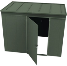 Dunkelgrünes Metallgerätehaus mit einer geöffneten Tür und Flachdach.