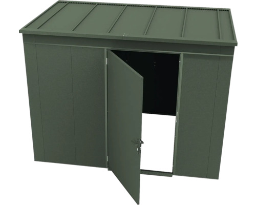 Dunkelgrünes Metallgerätehaus mit einer geöffneten Tür und Flachdach.