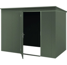 Gerätehaus aus Metall in Dunkelgrün mit Pultdach und einer geöffneten Tür der Doppeltür.