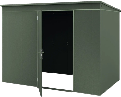 Gerätehaus aus Metall in Dunkelgrün mit Pultdach und einer geöffneten Tür der Doppeltür.