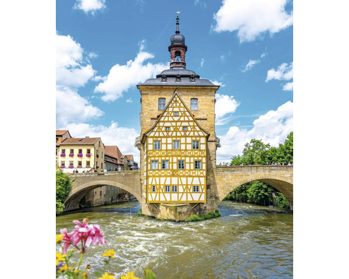 Fototapete des Alten Rathauses in Bamberg auf einer Steinbrücke über der Regnitz, historisches Fachwerkhaus in einer hellen Flusslandschaft.