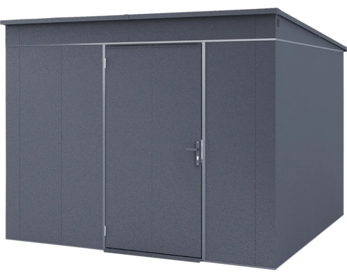 Modernes Gartenhaus aus Metall in Anthrazit mit Pultdach und einer Tür.