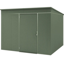 Grünes Gartenhaus aus Metall mit Pultdach und einer Tür.