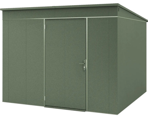 Grünes Gartenhaus aus Metall mit Pultdach und einer Tür.
