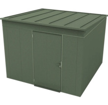 Gerätehaus aus Metall mit Flachdach und Einzeltür in Moosgrün.