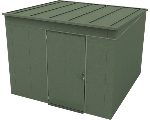Gerätehaus aus Metall mit Flachdach und Einzeltür in Moosgrün.