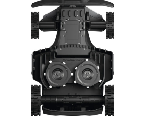 MowMentum Mähroboter Unterseite mit Rädern und Klingen