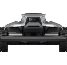 Rückansicht eines Mähroboters mit Raupenantrieb