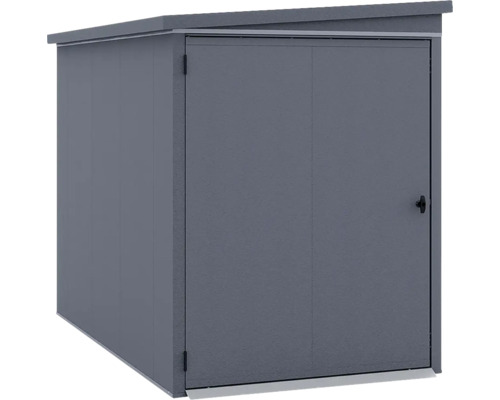 Geräteschrank aus Metall mit Pultdach und einer Tür, anthrazit.