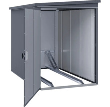 Gerätehaus aus Metall mit ausziehbarer Schiene für Fahrräder und geöffneter Tür.