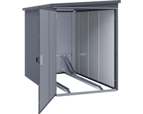 Gerätehaus aus Metall mit ausziehbarer Schiene für Fahrräder und geöffneter Tür.