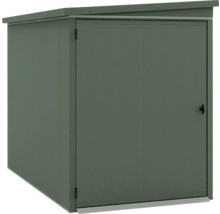 Grünes Gerätehaus aus Metall mit Pultdach und einflügeliger Tür.