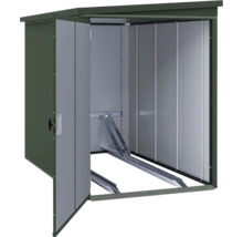 Metall-Fahrradbox mit offener Tür und Führungsschienen für Fahrräder im Innenraum.