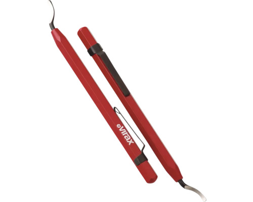 Virax Taschen-Entgrater mit Taschenclip und gebogener Stahlklinge.