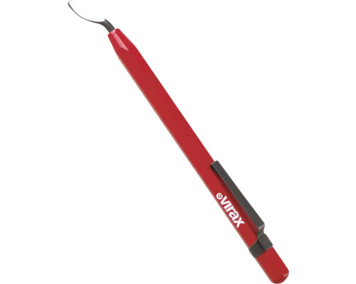 Virax Entgrater mit rotem Griff und gebogener Metallklinge zum Entgraten von Rohren.