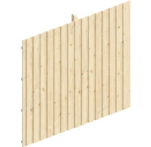 Sichtschutzzaun aus hellem Holz mit vertikalen Latten.