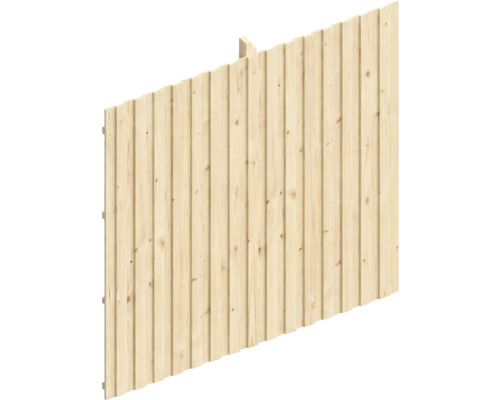 Sichtschutzzaun aus hellem Holz mit vertikalen Latten.