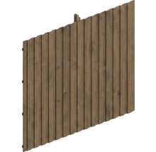 Braunes Sichtschutzelement aus Holz mit vertikal angeordneten Lamellen und schräger Oberkante.