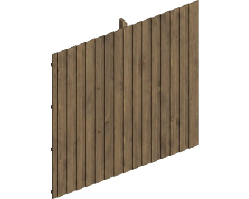 Rückwand Deckelschalung SKAN HOLZ Emsland 362 x 330 cm nussbaum Braunes Sichtschutzelement aus Holz mit vertikal angeordneten Lamellen und schräger Oberkante.