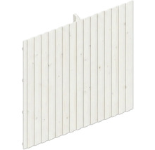 Schräges Sichtschutzelement aus vertikalen Holzbrettern in Weiß für den Außenbereich.