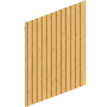 Holzzaunpaneel mit vertikalen Latten und sichtbarer Holzmaserung.