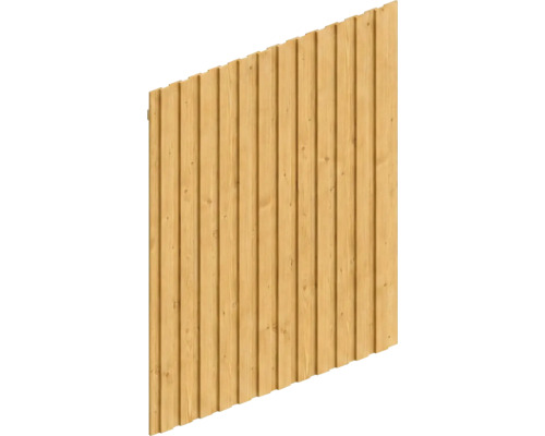Holzzaunpaneel mit vertikalen Latten und sichtbarer Holzmaserung.