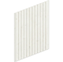 Weißes Wandpaneel aus Holz mit vertikalen Lamellen.