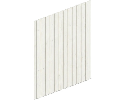 Weißes Wandpaneel aus Holz mit vertikalen Lamellen.