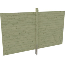 Sichtschutzzaun aus Holz mit horizontalen Lamellen, Pfosten und Bodenanker.