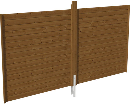 Rückwand Profilschalung SKAN HOLZ Friesland 363 x 330 cm nussbaum Sichtschutzzaun aus Holz mit waagerechten Lamellen und einem Mittelpfosten inklusive Bodenverankerung.