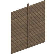 Sichtschutzzaun aus Holz mit waagerechten Lamellen und einem Mittelpfosten.