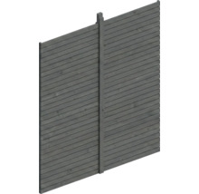 Grauer Sichtschutzzaun aus Holz mit waagerechten Lamellen und einem Pfosten.