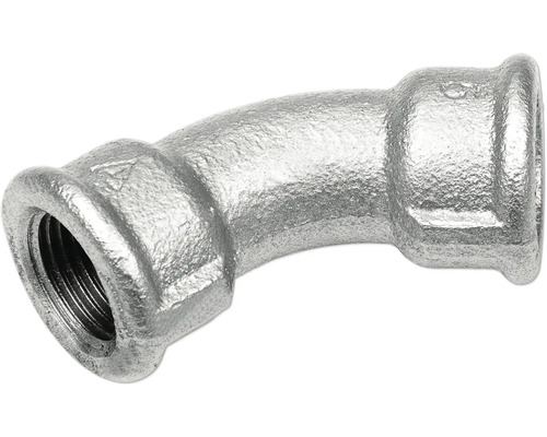 Winkel 45 Grad aus verzinktem Temperguss mit Innengewinde für Wasserinstallationen.
