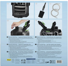 Tetra EX 500 Plus Außenfilter-Set für Aquarien: Infografik mit Filtermaterialien, Vorfilter, Schläuchen, Startknopf und Anschlussventilen.