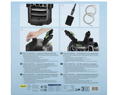 Tetra EX 500 Plus Außenfilter-Set für Aquarien: Infografik mit Filtermaterialien, Vorfilter, Schläuchen, Startknopf und Anschlussventilen.