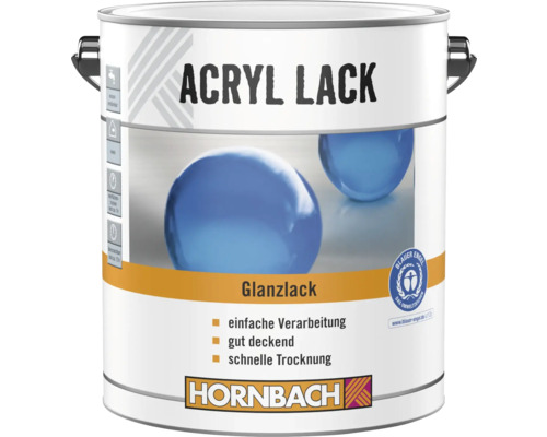 HORNBACH Buntlack Acryllack glänzend reinweiß 2 l Hornbach Acryl Glanzlack, gut deckend, schnell trocknend, umweltschonendes Siegel Blauer Engel, Hornbach Logo.