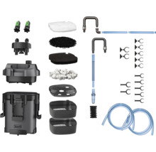 Tetra Aquarien-Außenfilter-Set bestehend aus Filtergehäuse, Filtermedien, Rohren, Schläuchen und Befestigungsmaterial.