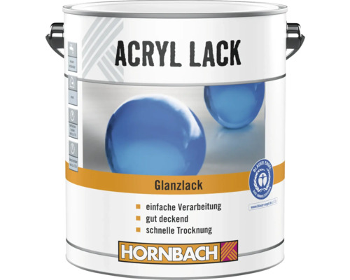 Hornbach Acryllack Glanzlack, gut deckend, schnell trocknend, Umweltsiegel Blauer Engel, Hornbach Logo.