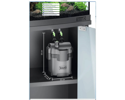 Tetra Außenfilter im Aquariumunterschrank, Maße 35 Zentimeter Höhe, 22 Zentimeter Breite und 22 Zentimeter Tiefe. Ausgezeichnete Filterung.